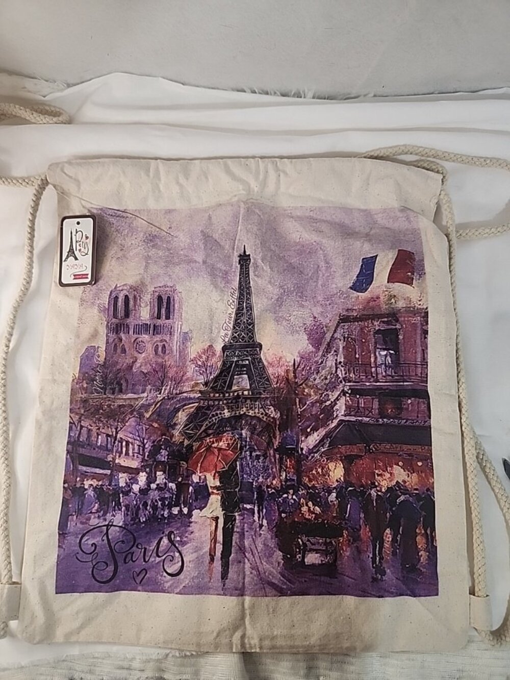 Paris France Landmark Canvas Tote Bag Cinch Bag Backpack.   New W/tag